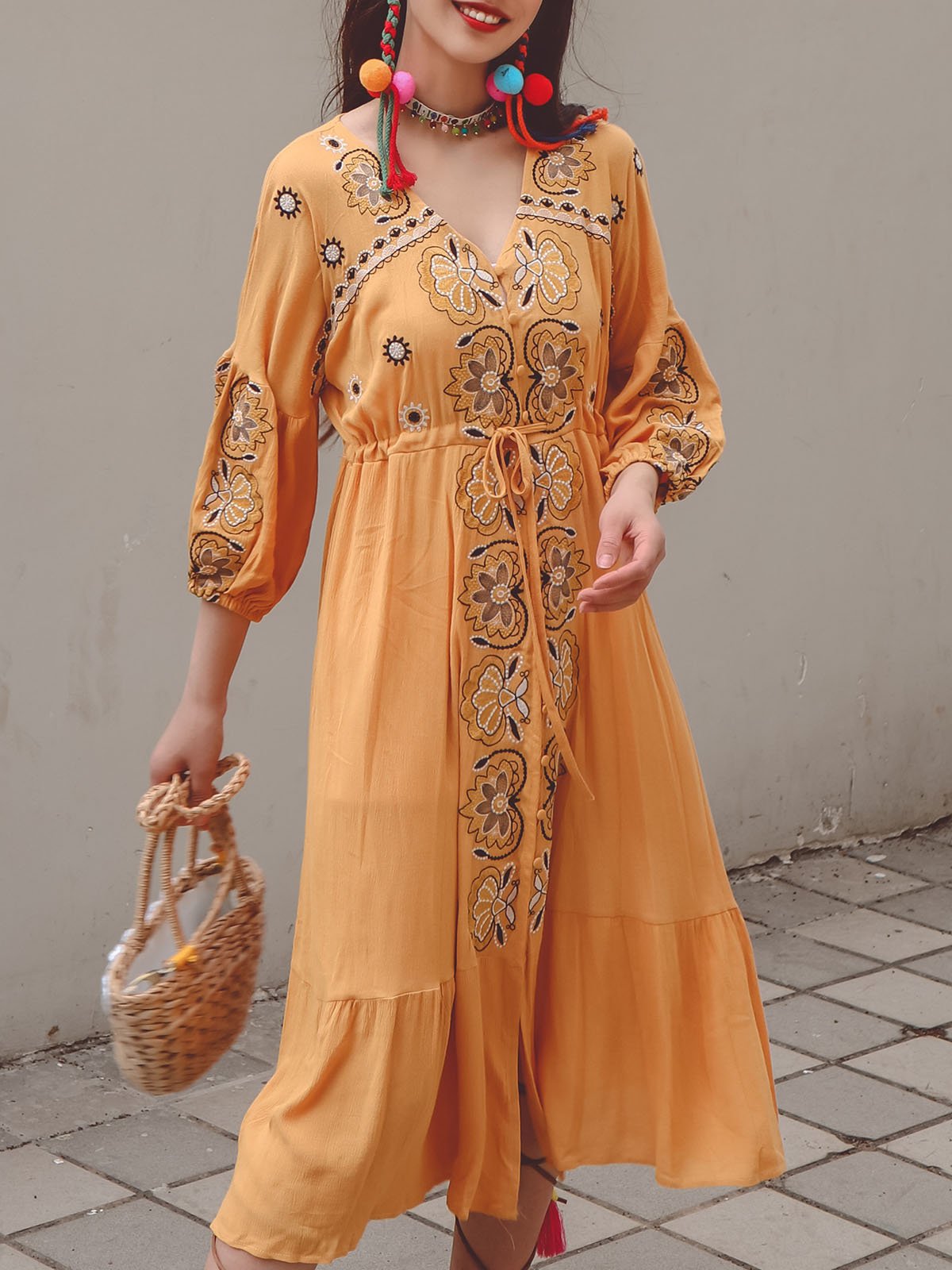 Bohemian Floral Embroidered V Neck 3/4 Sleeves Front Split Button Maxi Boho Dress