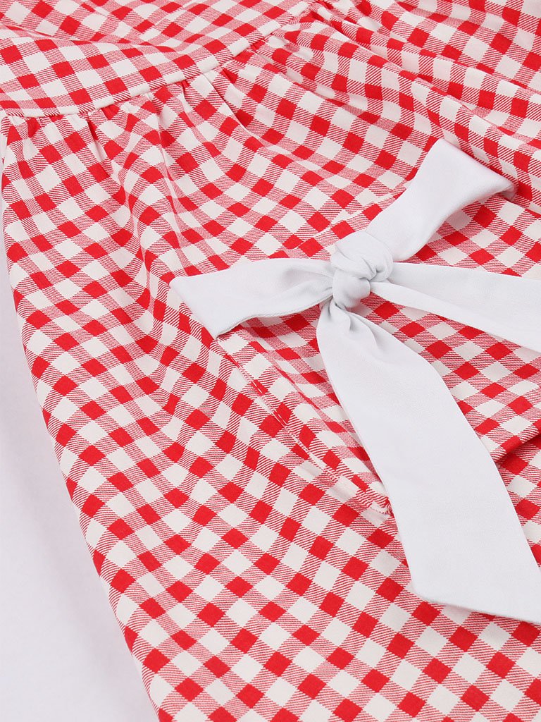 1950s V Neck Red Plaid Vintage Dress