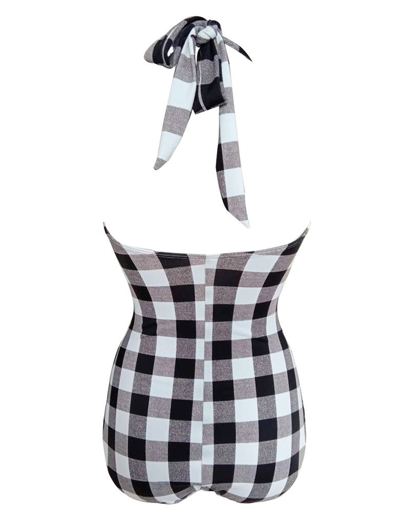 Elegant Type Retro Style Backless Plaid One Piece Swimsuit Bathing Suit