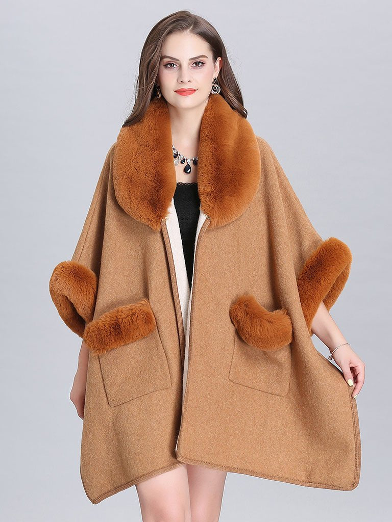 Poncho Knitwear Faux Fur Coat Shawl Collar Sweaters