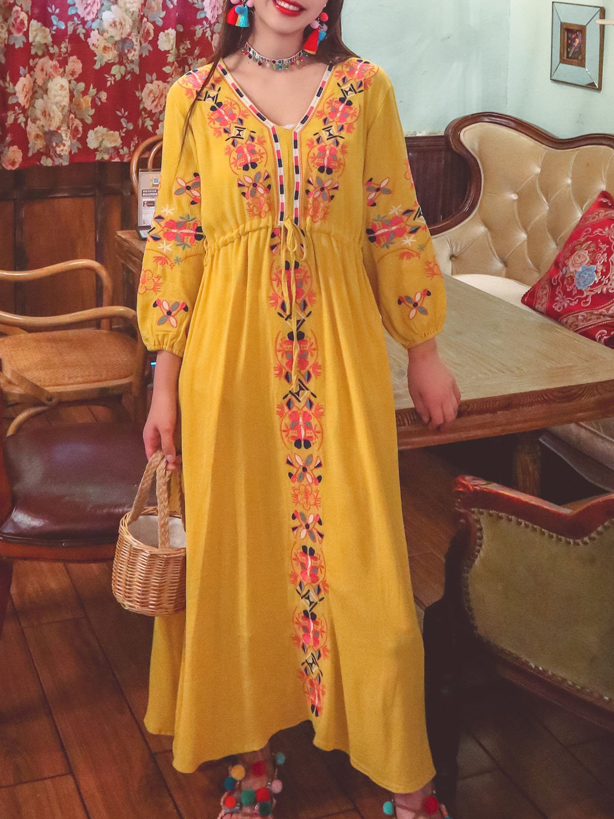 Bohemian Embroidered Floral V Neck Long Sleeve Cotton Boho Maxi Dress