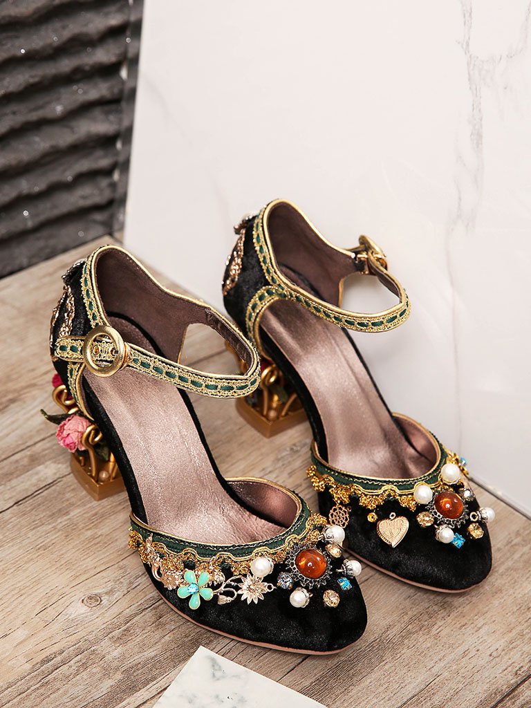 Luxury Floral Gem Studded Heels Ankle Strap Vintage Wedding Shoes