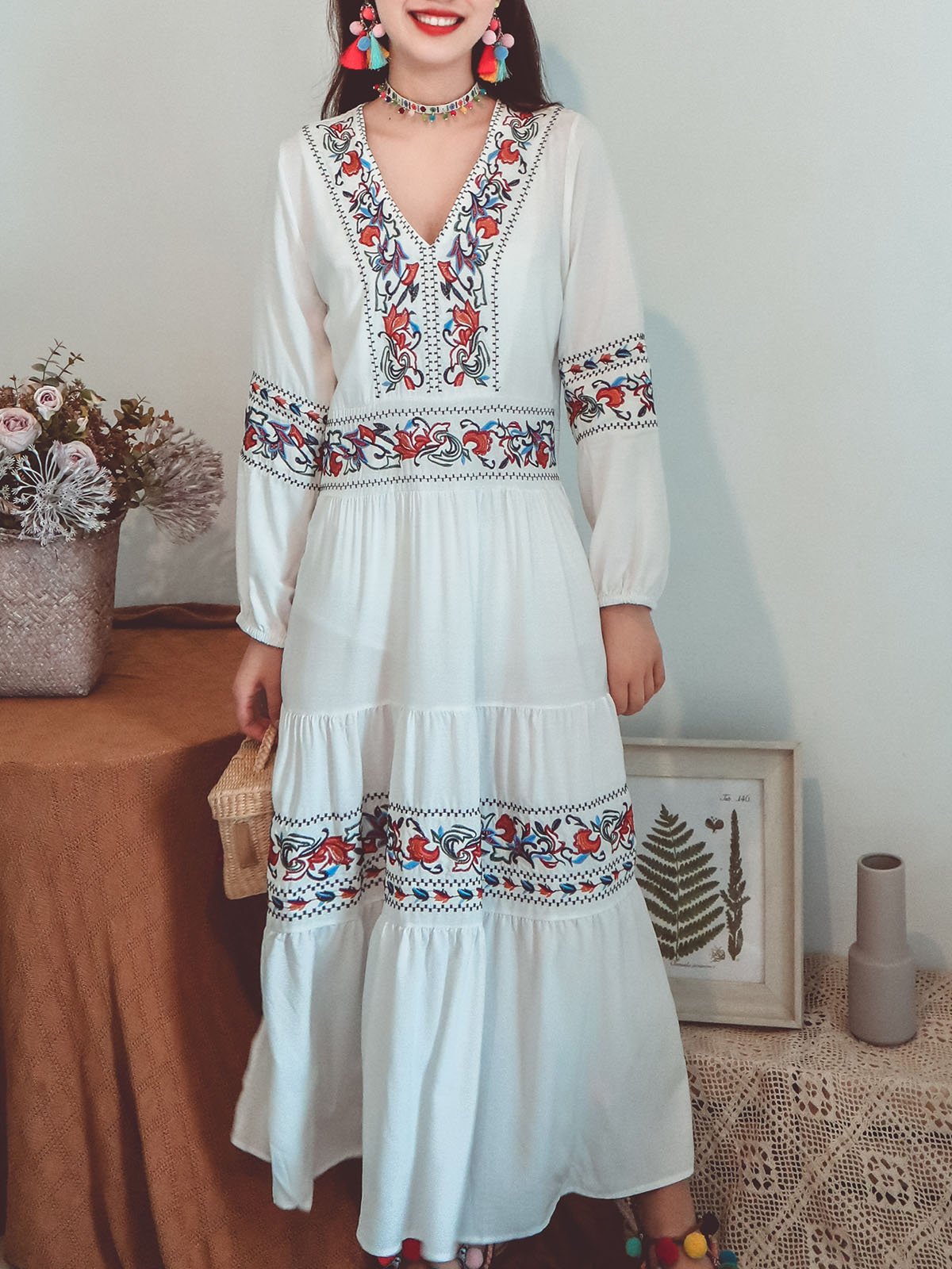 Jolly Vintage Embroidered Floral V Neck Long Sleeves Boho Maxi Cotton Dress