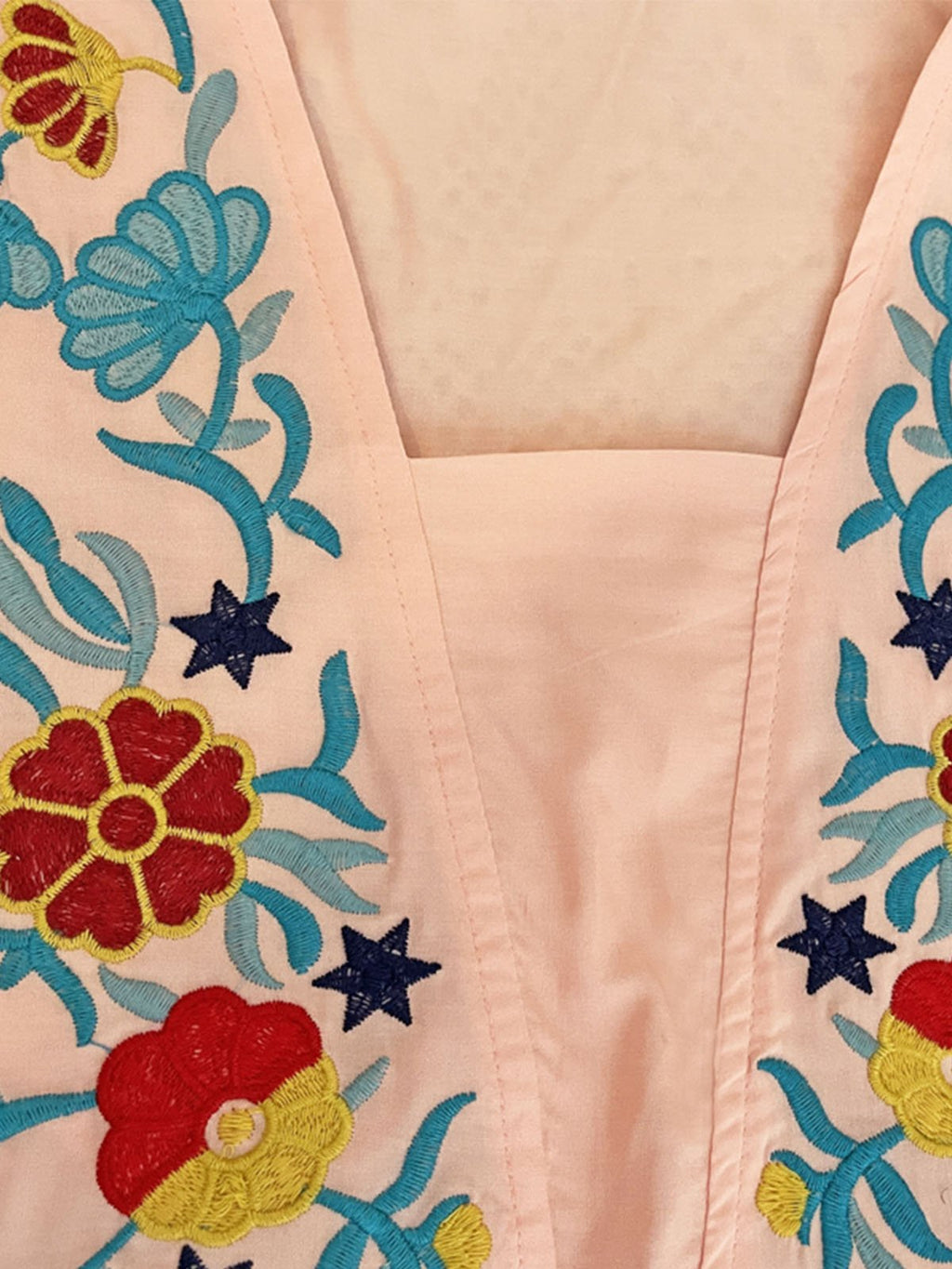 Cotton Embroidered Floral Square Neck Flared Half Sleeve Maxi Boho Dress