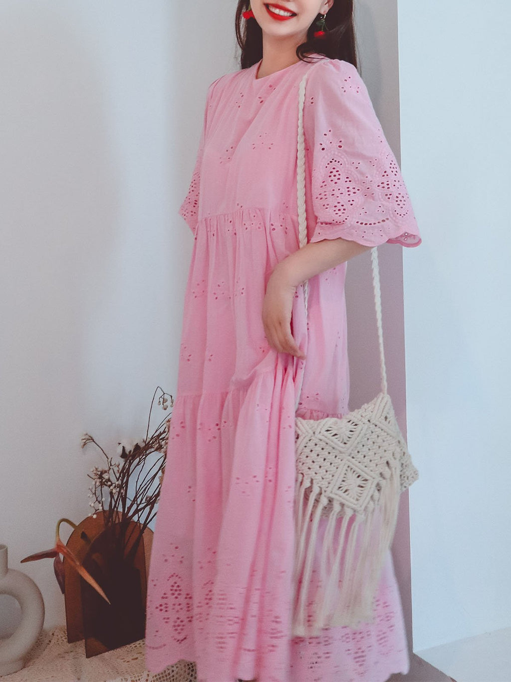 Jolly Vintage Embroidered Solid Backgrand Half Sleeves Boho Midi Dress