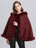 Hooded Winter Coat Faux Fur Long Sleeve Open Front Luxurious Cape Coat For Women