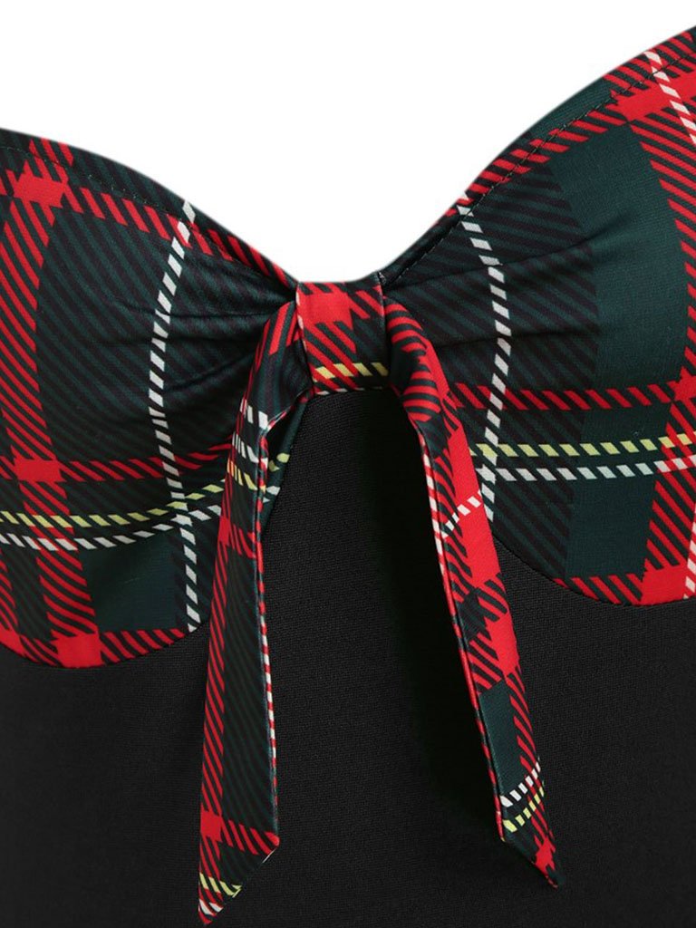 1950S Bow Heart Collar Plaid Long Sleeve Swing Dress