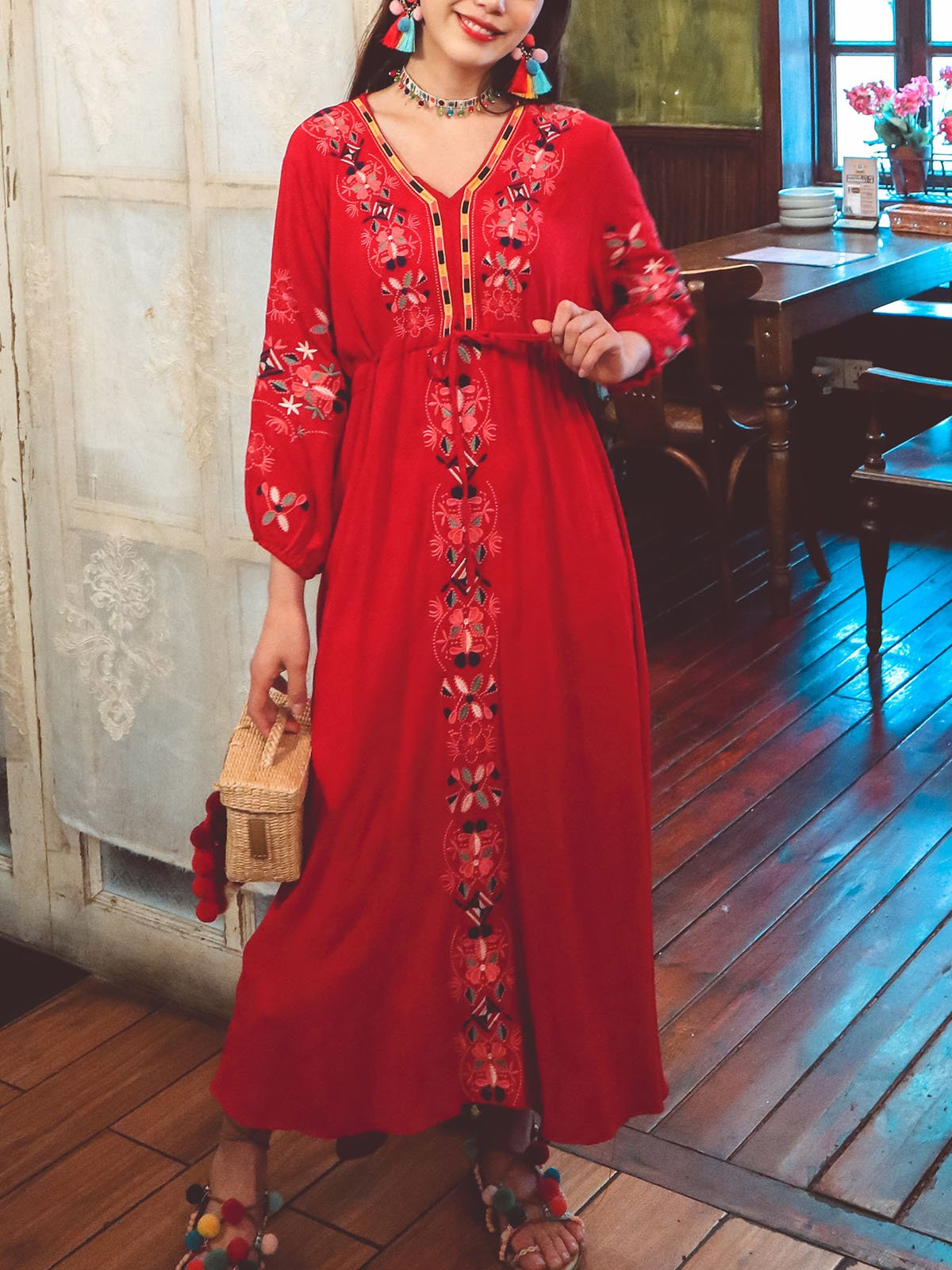 Bohemian Embroidered Floral V Neck Long Sleeve Cotton Boho Maxi Dress
