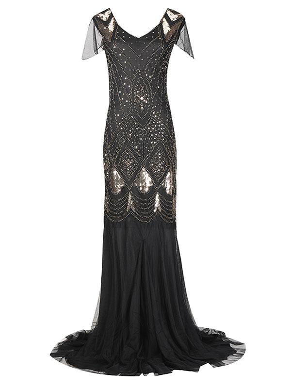 Green 1920s V Neck Sequined Long Flapper Dress