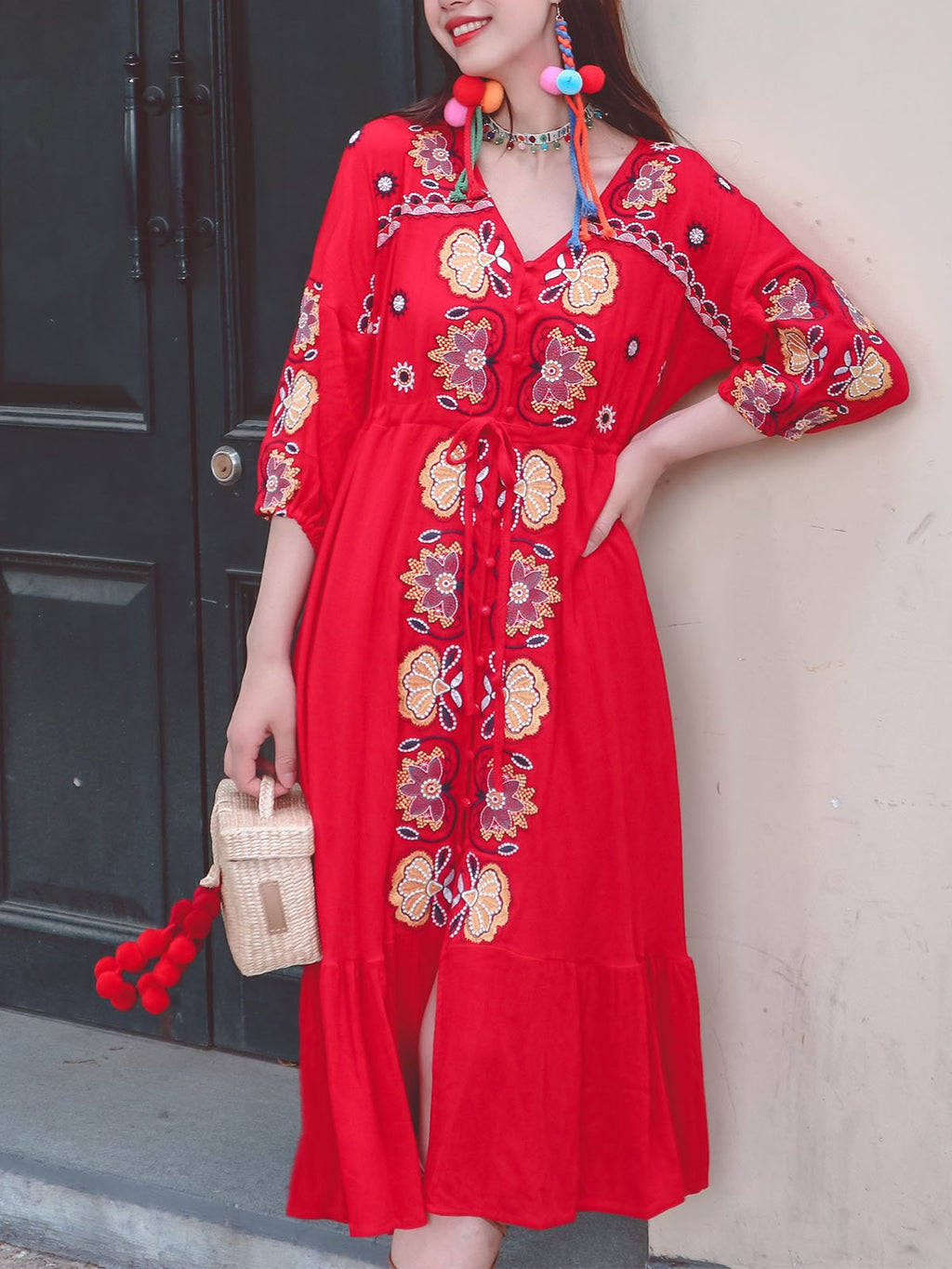 Bohemian Floral Embroidered V Neck 3/4 Sleeves Front Split Button Maxi Boho Dress