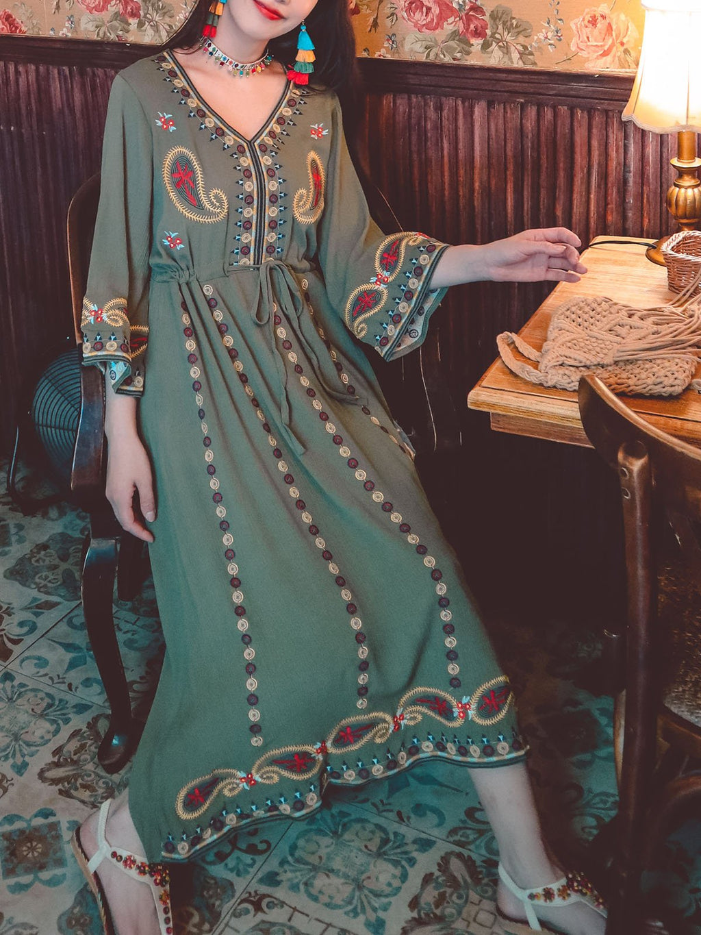 Bohemian Floral Embroidered V Neck 3/4 Flared Sleeves Boho Dress