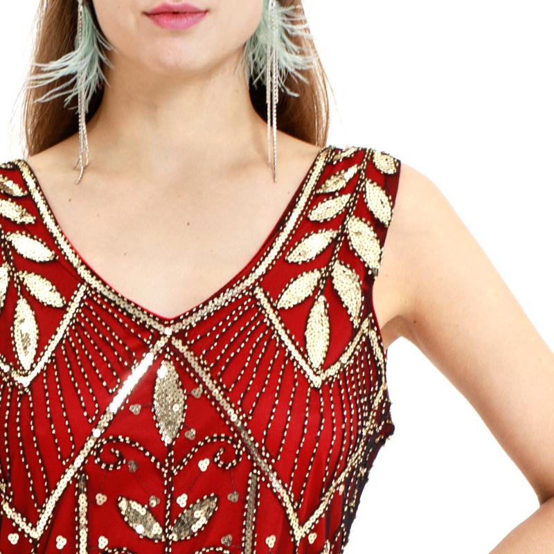 Wine Red 1920s V Neck Sequined Fringed Flapper Dres