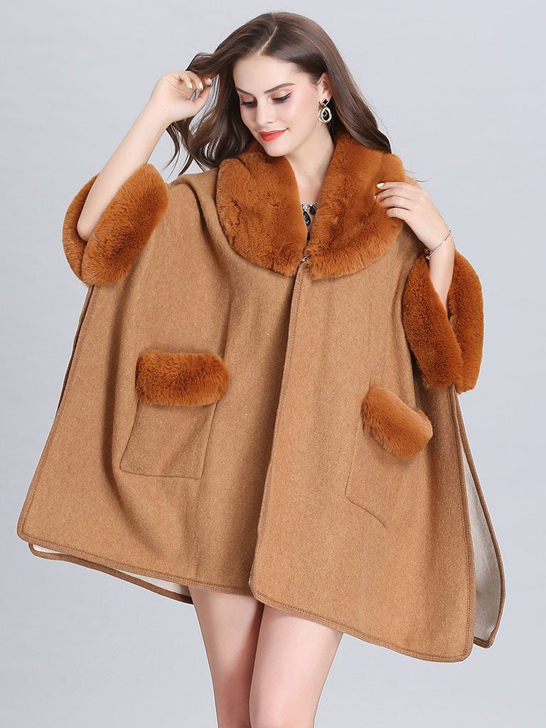 Poncho Knitwear Faux Fur Coat Shawl Collar Sweaters
