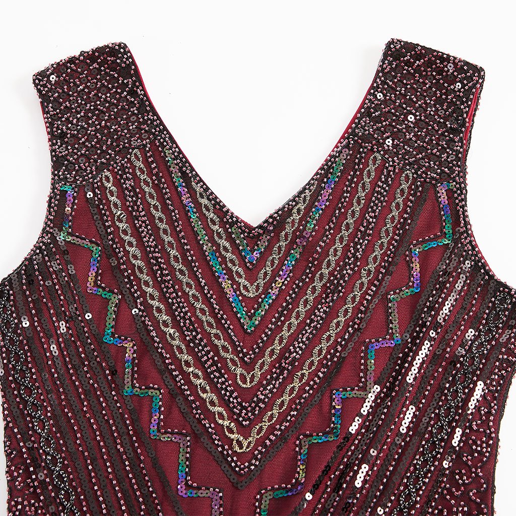 Wine Red 1920s V Neck Sequined Flapper Dress