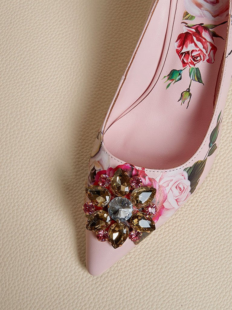 Rose Print Rhinestone Stiletto Heel Vintage Shoes