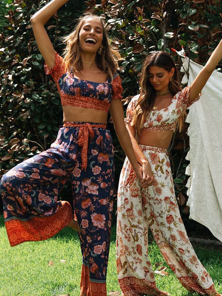 2 Pieces Boho Outfits Cropped Floral Printed Beach Wear For Women