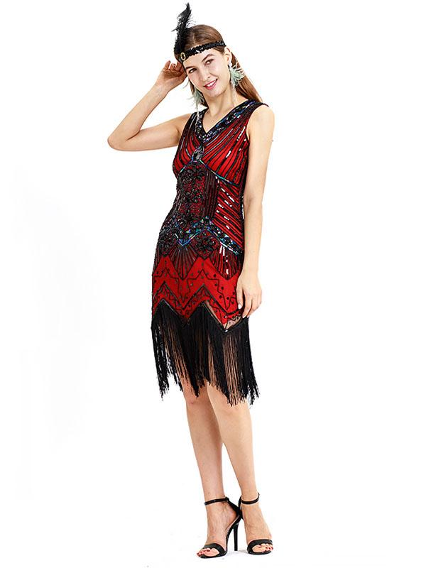 Black Silver 1920s V Neck Sequined Flapper Dres