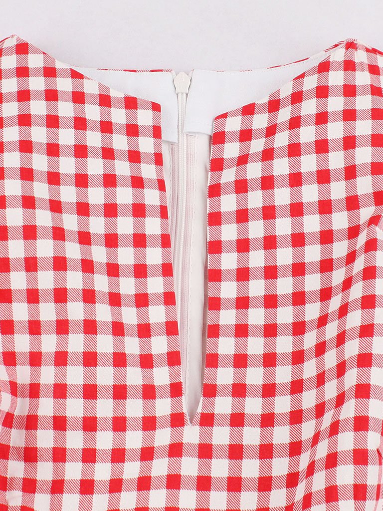 1950s V Neck Red Plaid Vintage Dress