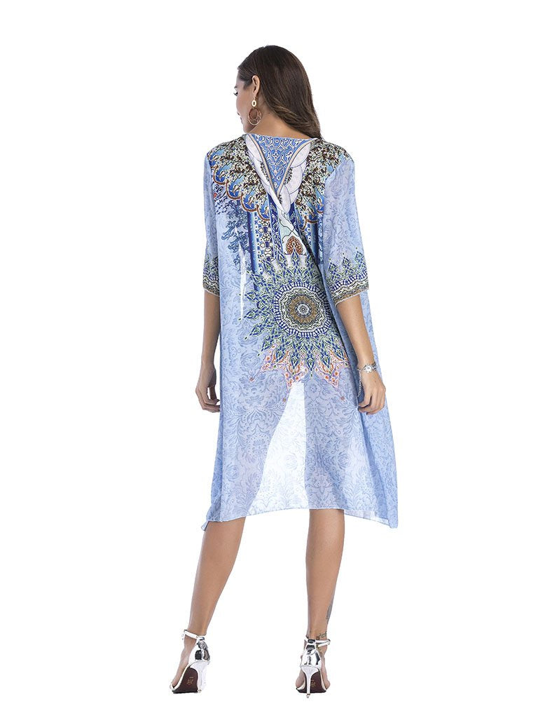 National Printed Long Kimono Cardigan Beach Tops Cover Ups