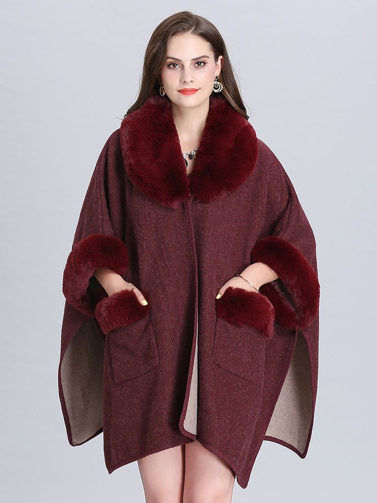 Poncho Knitwear Faux Fur Coat Shawl Collar Sweaters