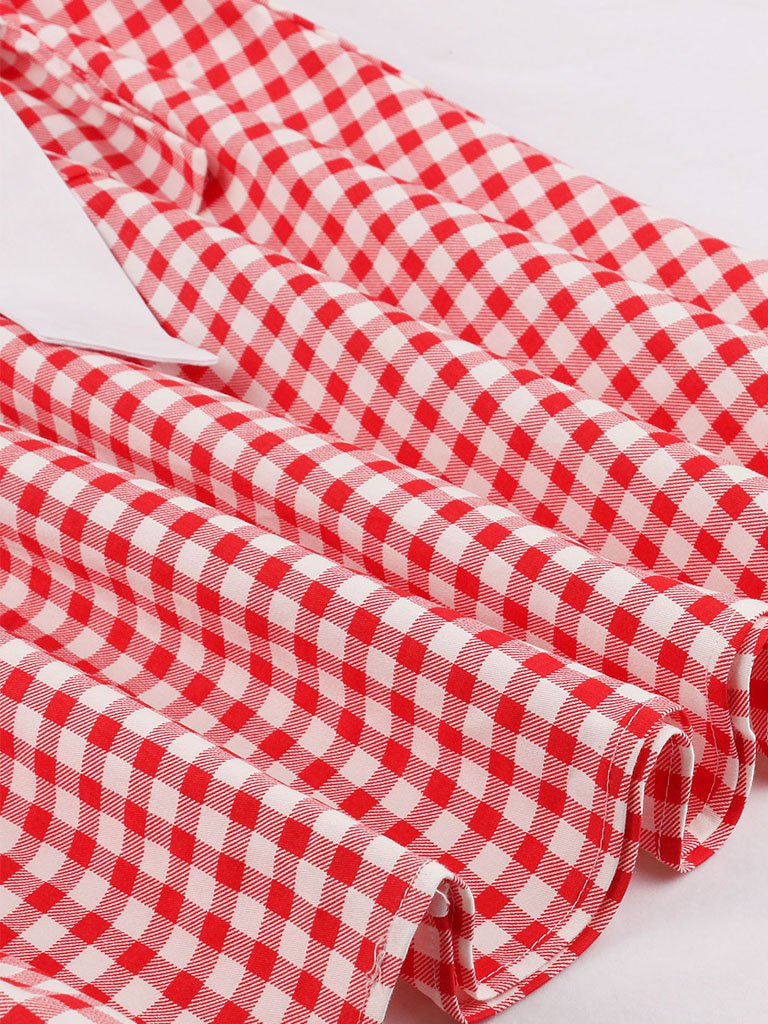 1950s V Neck Red Plaid Vintage Dress