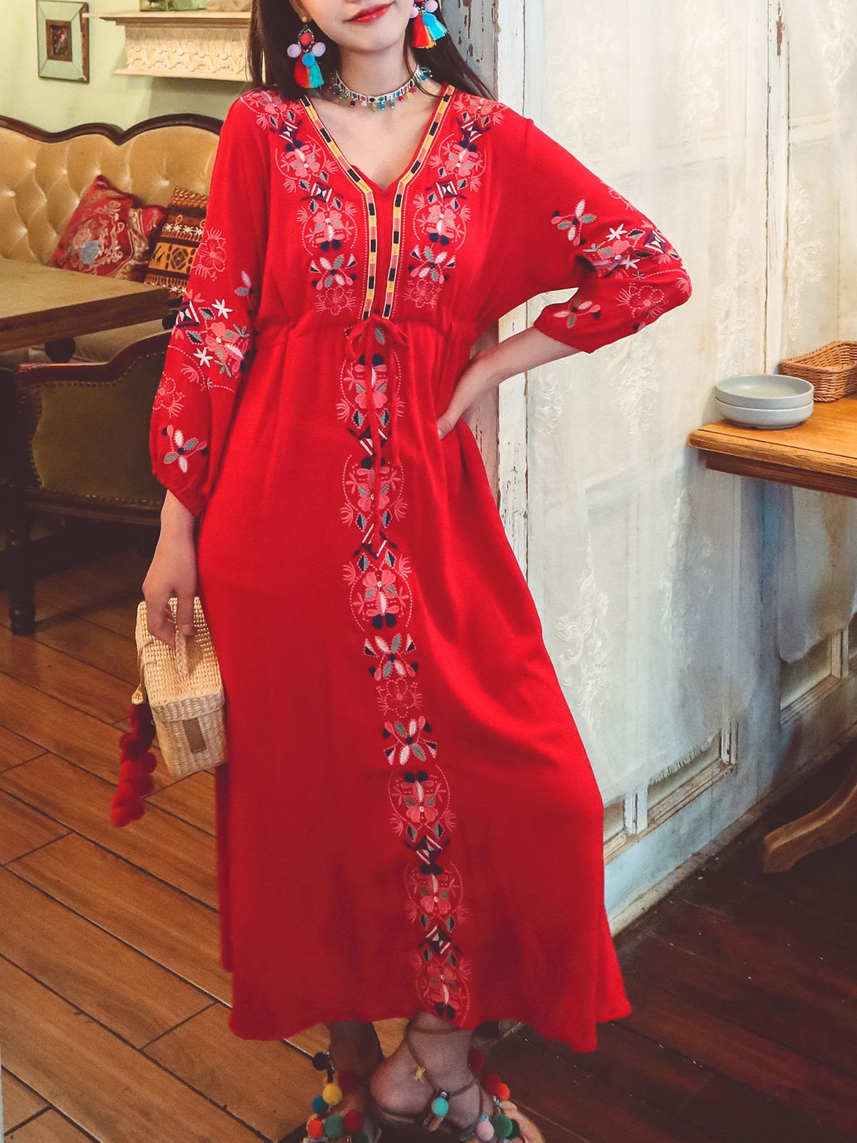 Bohemian Embroidered Floral V Neck Long Sleeve Cotton Boho Maxi Dress