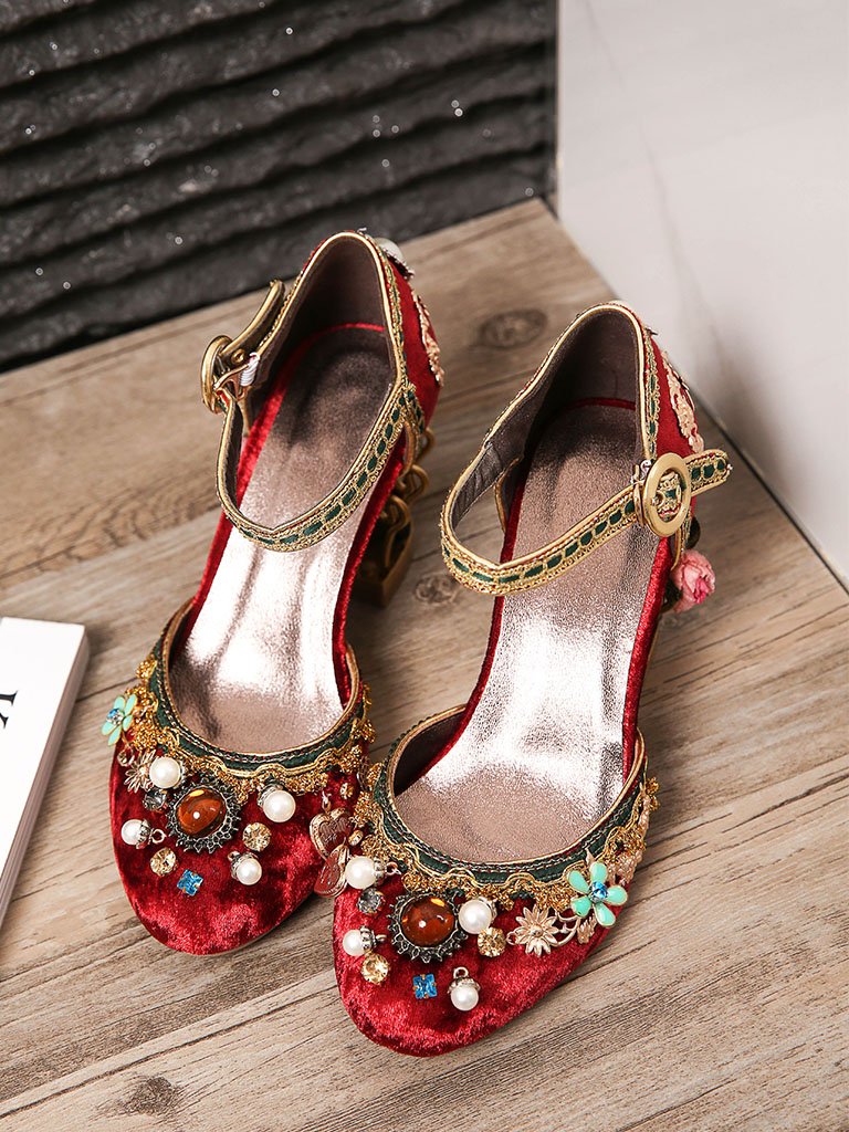 Luxury Floral Gem Studded Heels Ankle Strap Vintage Wedding Shoes