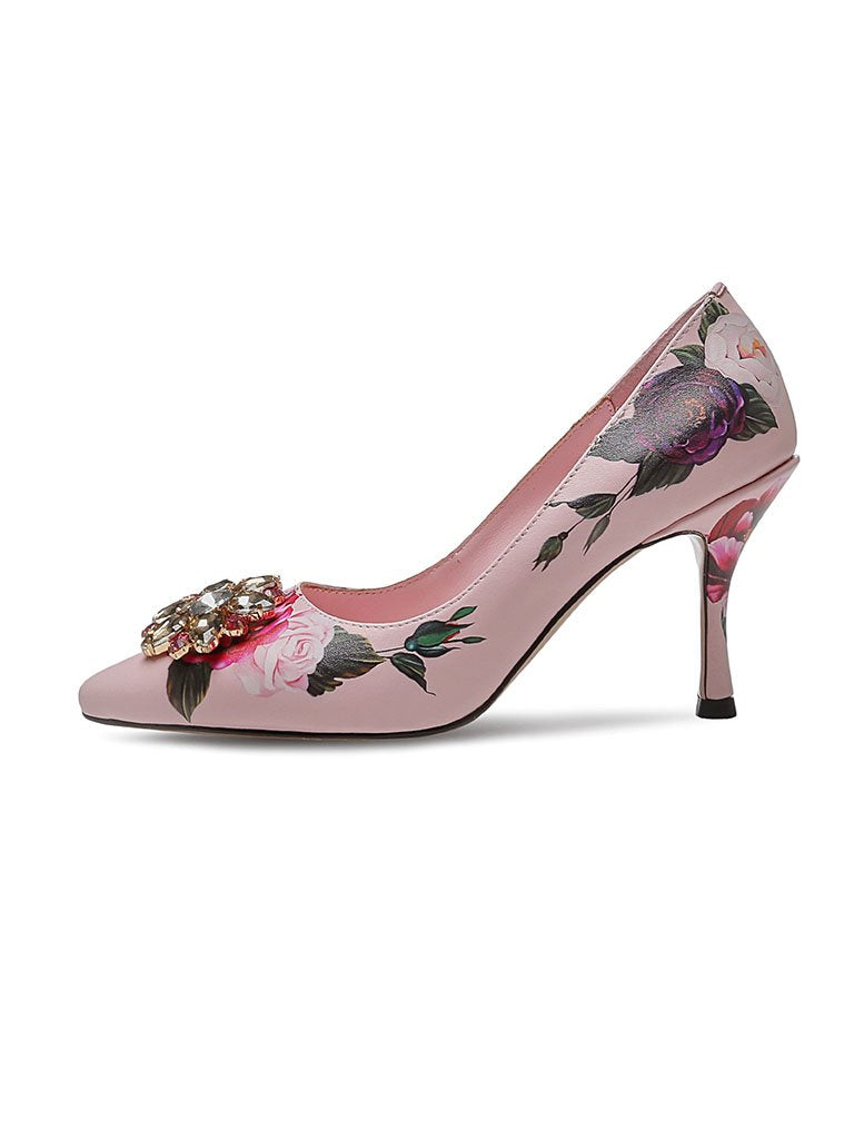 Rose Print Rhinestone Stiletto Heel Vintage Shoes