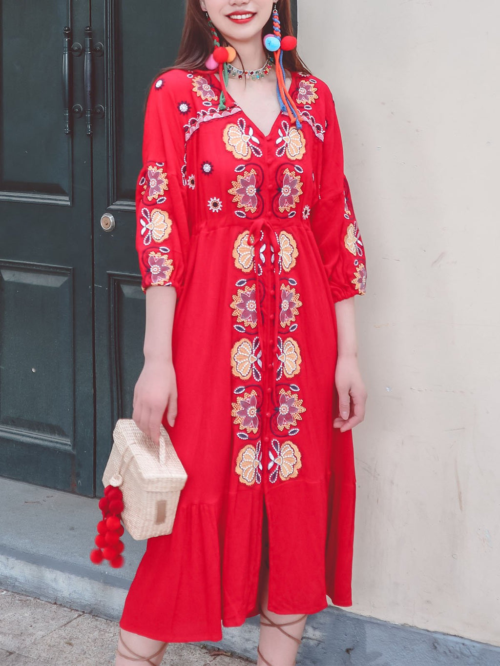 Bohemian Floral Embroidered V Neck 3/4 Sleeves Front Split Button Maxi Boho Dress