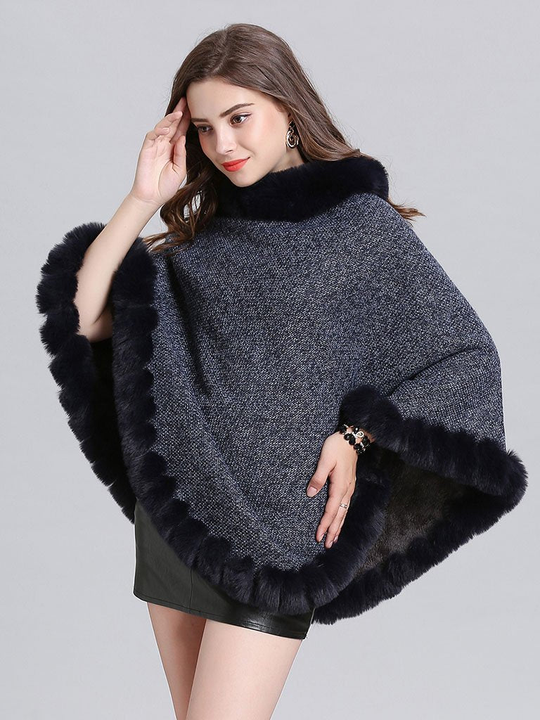 Woolen Poncho Faux Fur Shawl Collar Oversized Winter Coat