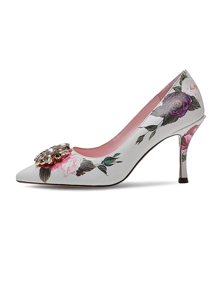 Rose Print Rhinestone Stiletto Heel Vintage Shoes