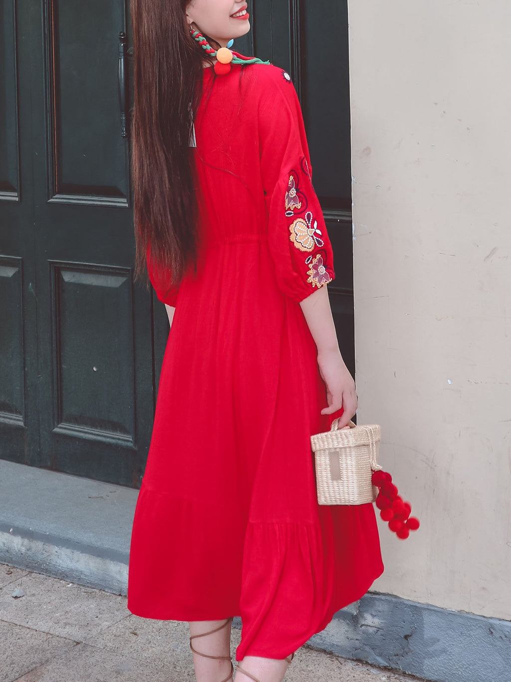 Bohemian Floral Embroidered V Neck 3/4 Sleeves Front Split Button Maxi Boho Dress