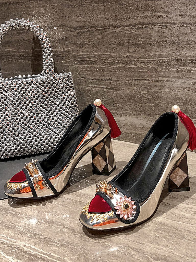 Sweet Heart Rivet Chunky Heel  Vintage Shoes