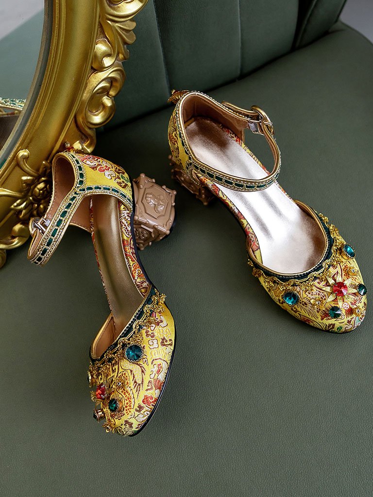 Luxurious Rhinestone Embroidery Floral Block Heel Ankle Strap Vintage Shoes
