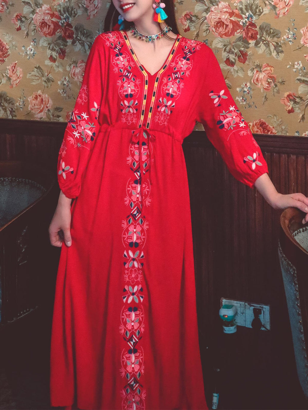 Bohemian Embroidered Floral V Neck Long Sleeve Cotton Boho Maxi Dress