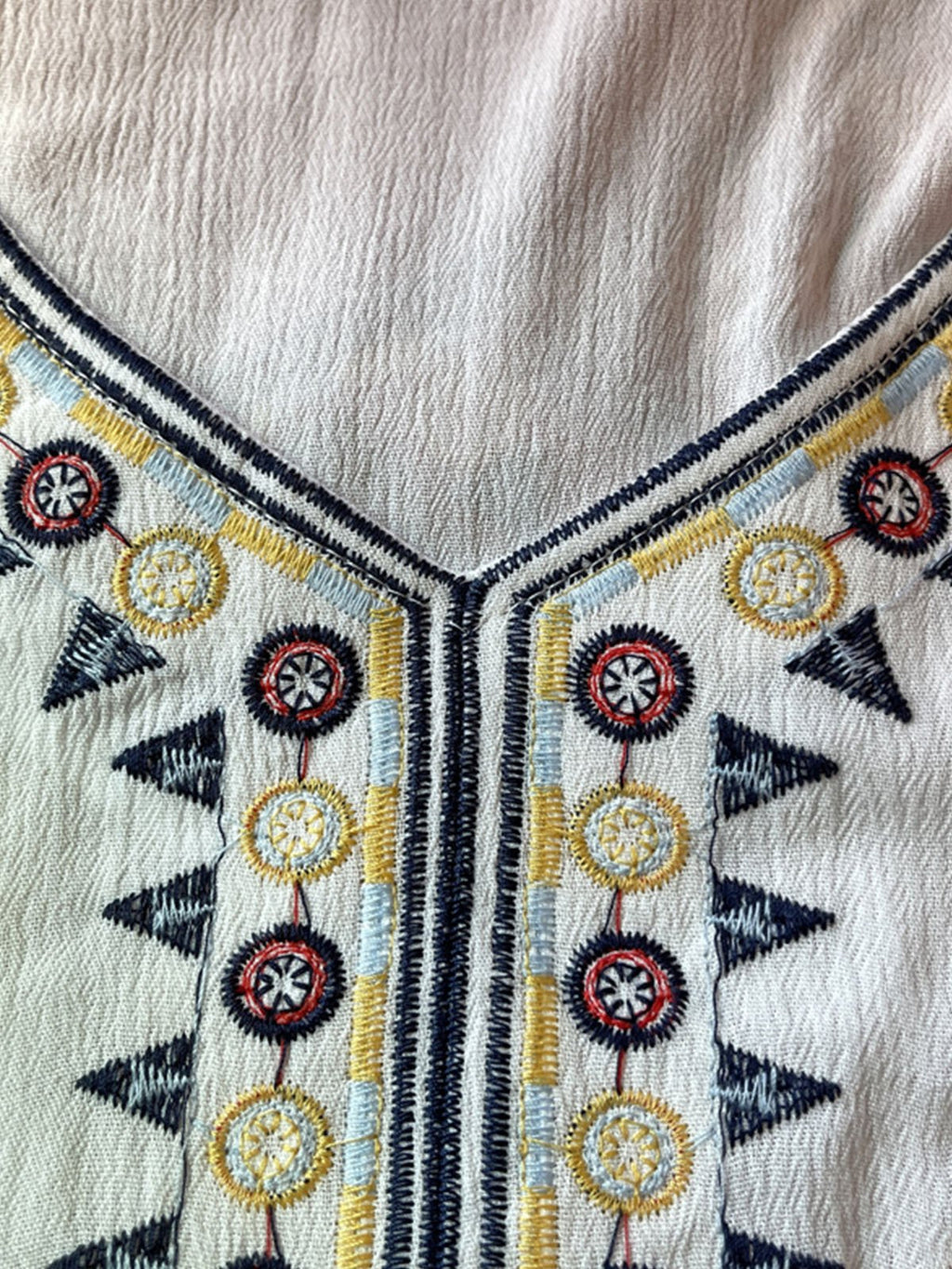 Bohemian Floral Embroidered V Neck 3/4 Flared Sleeves Boho Dress
