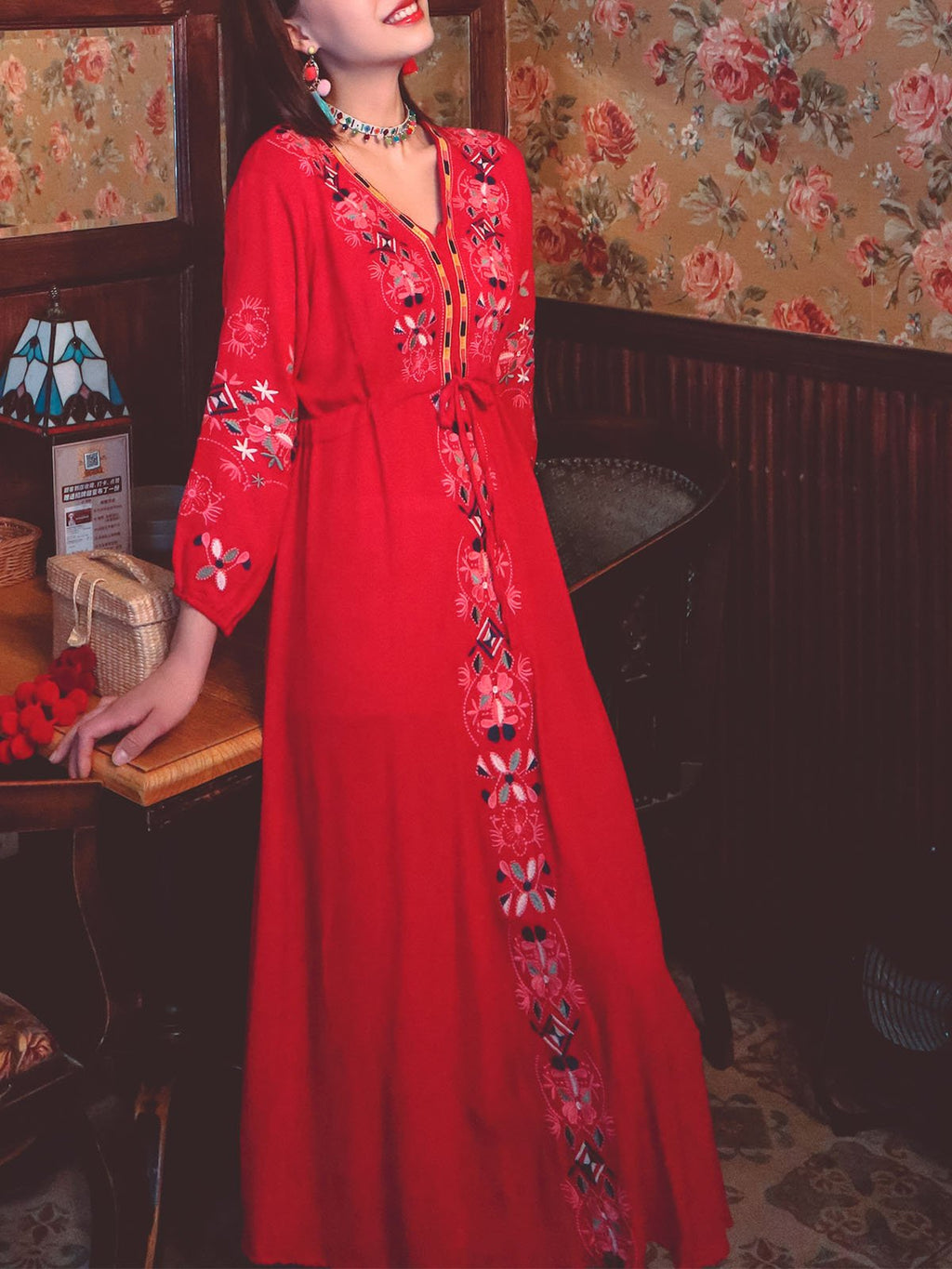 Bohemian Embroidered Floral V Neck Long Sleeve Cotton Boho Maxi Dress
