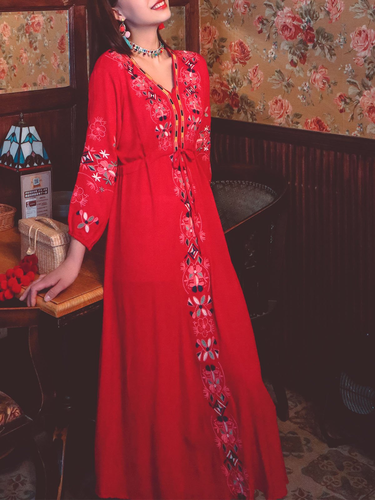 Bohemian Embroidered Floral V Neck Long Sleeve Cotton Boho Maxi Dress