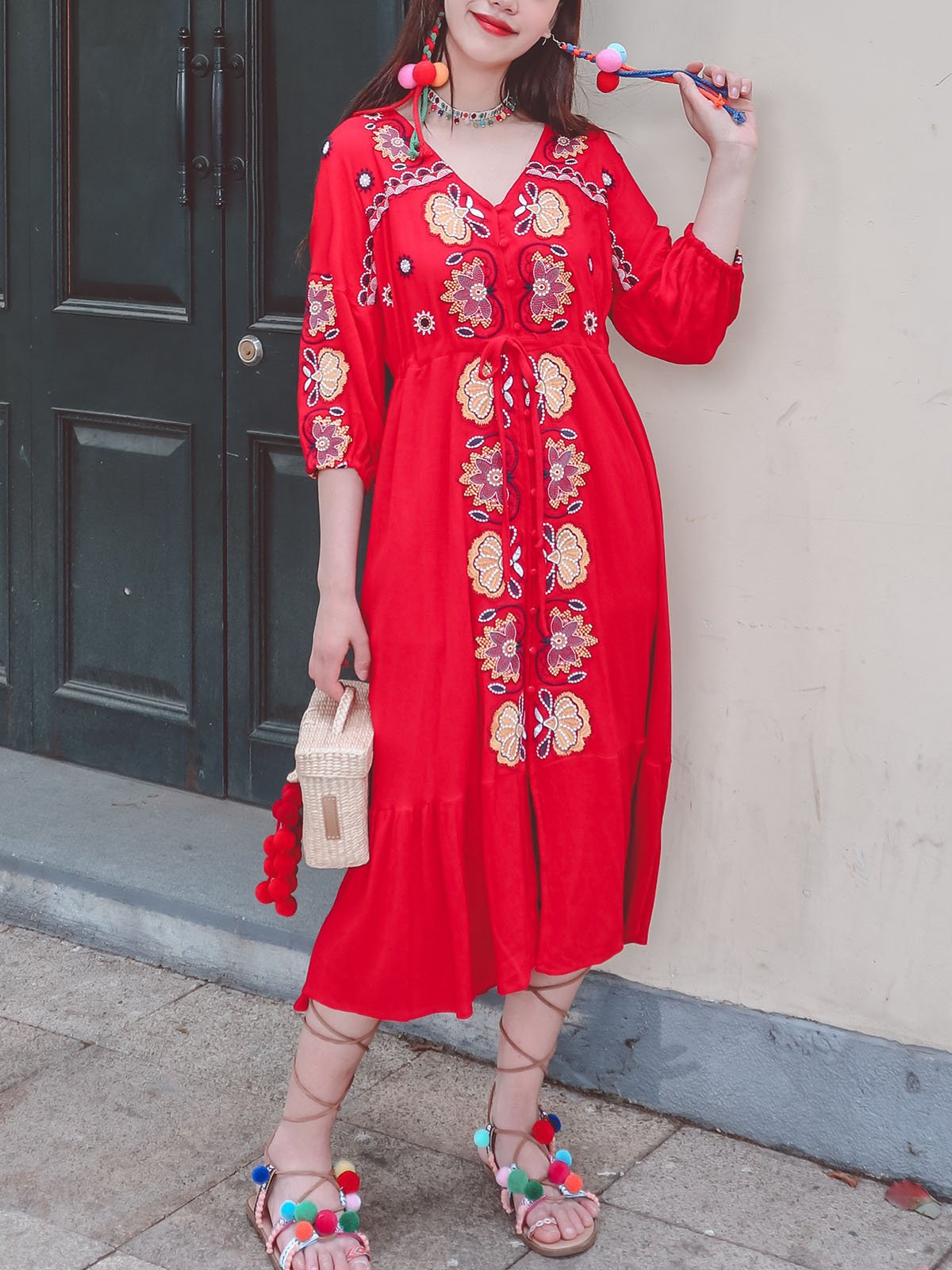 Bohemian Floral Embroidered V Neck 3/4 Sleeves Front Split Button Maxi Boho Dress