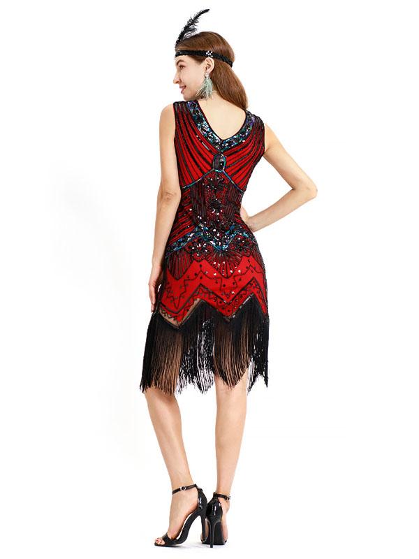 Black Silver 1920s V Neck Sequined Flapper Dres