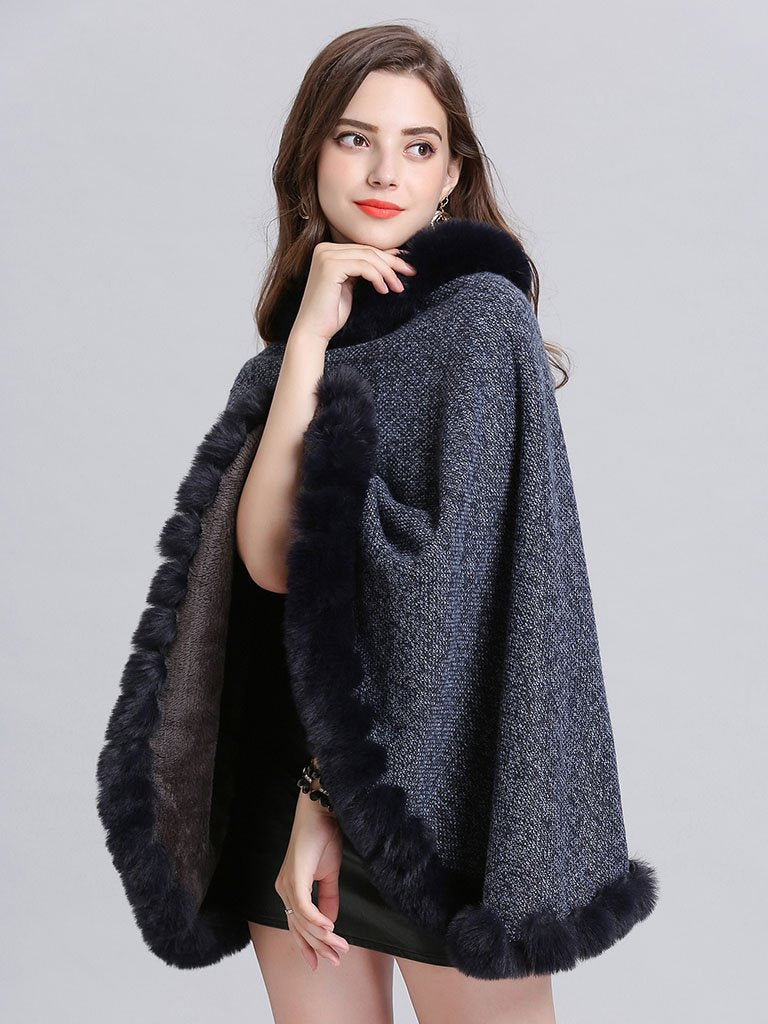 Woolen Poncho Faux Fur Shawl Collar Oversized Winter Coat