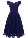Navy Short Sleeve Off the Shoulder A line Vintage Party Dress