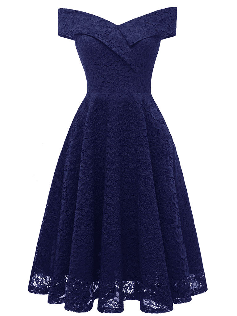 Navy Short Sleeve Off the Shoulder A line Vintage Party Dress