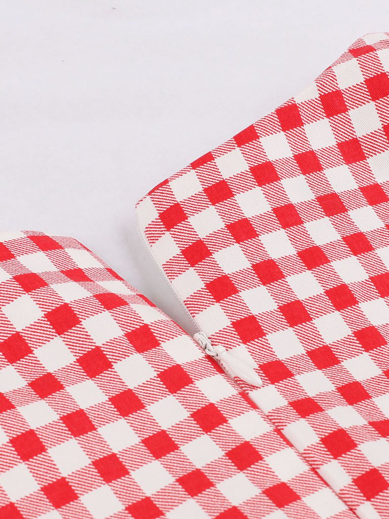 1950s V Neck Red Plaid Vintage Dress