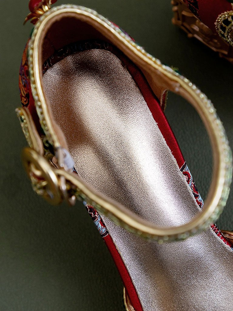 Luxurious Rhinestone Embroidery Floral Block Heel Ankle Strap Vintage Shoes