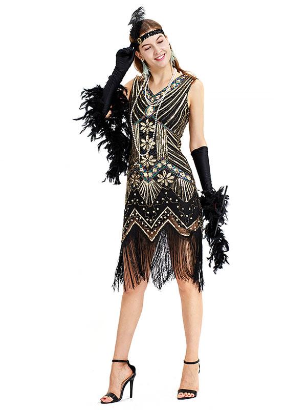 Black Silver 1920s V Neck Sequined Flapper Dres