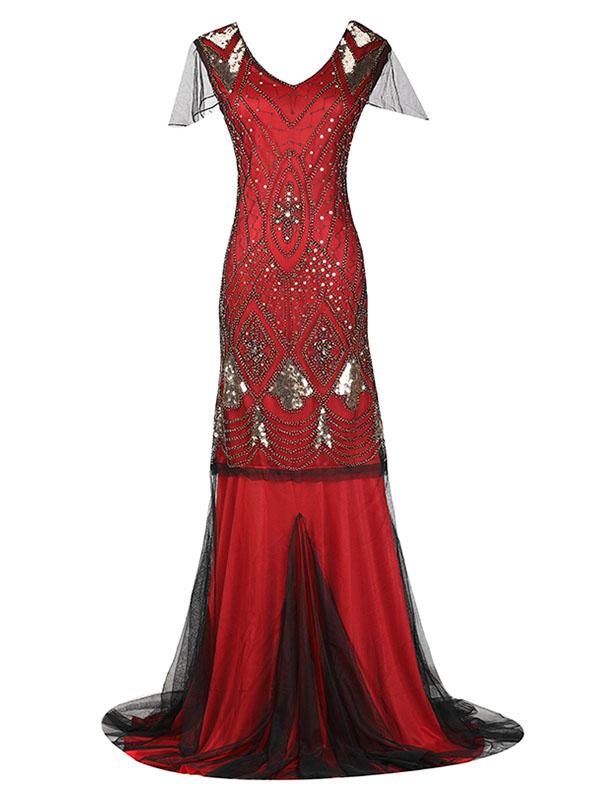 Green 1920s V Neck Sequined Long Flapper Dress
