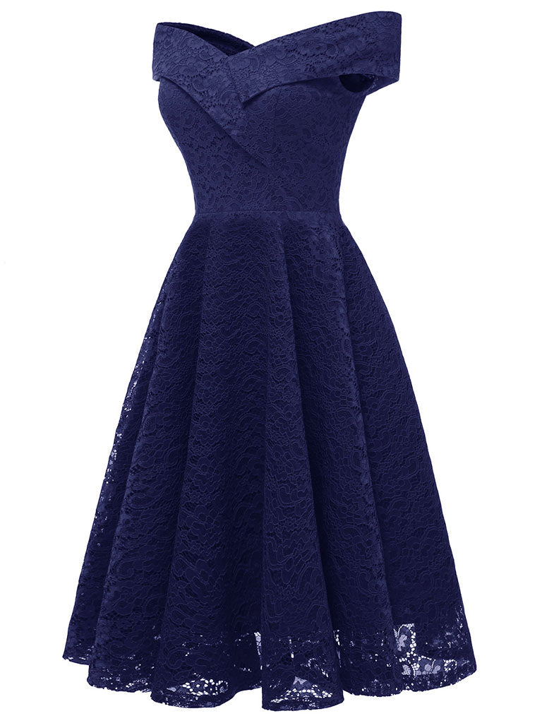 Navy Short Sleeve Off the Shoulder A line Vintage Party Dress