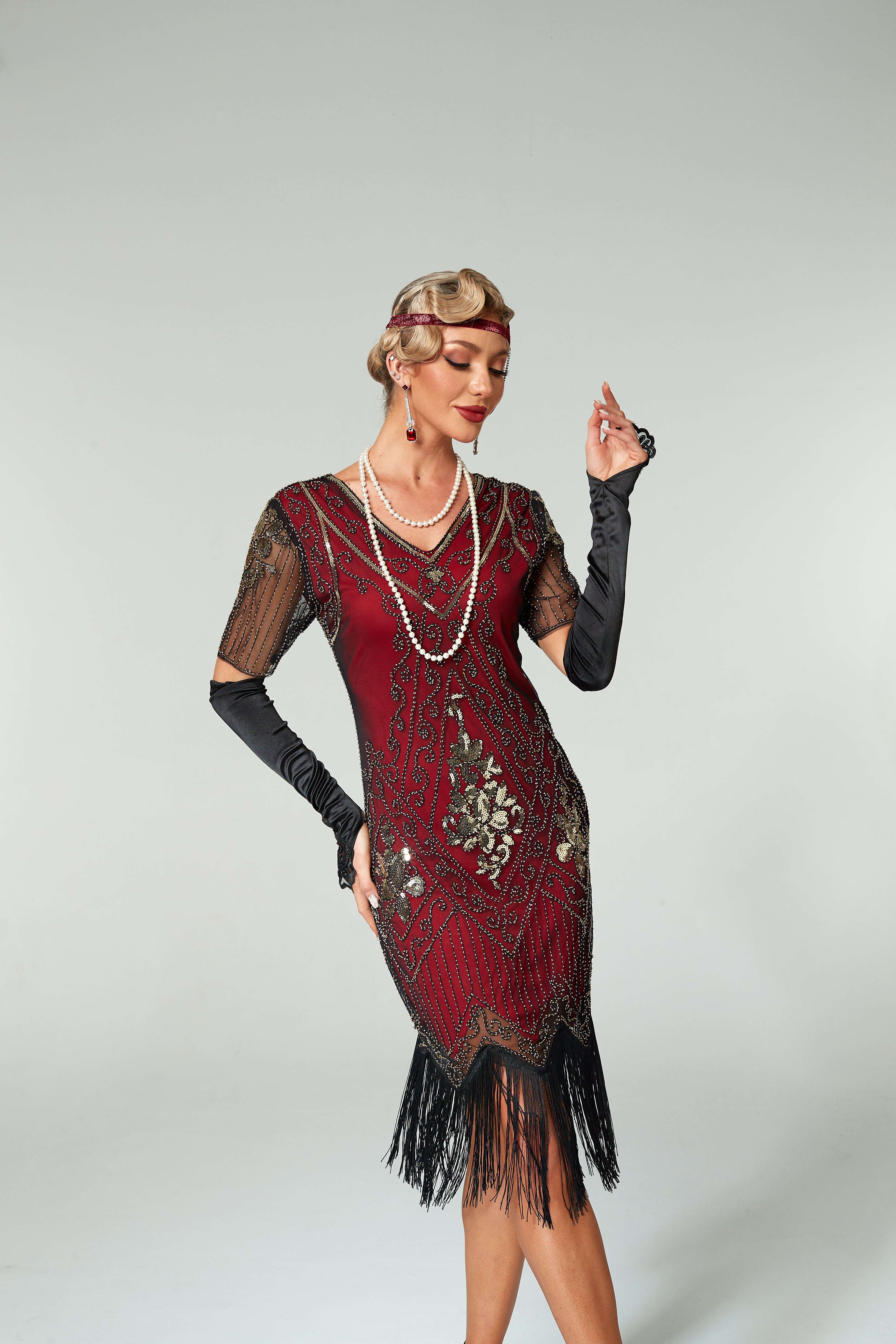 V Neck Sequined Beaded Tassels 1920S Gatsby Dress