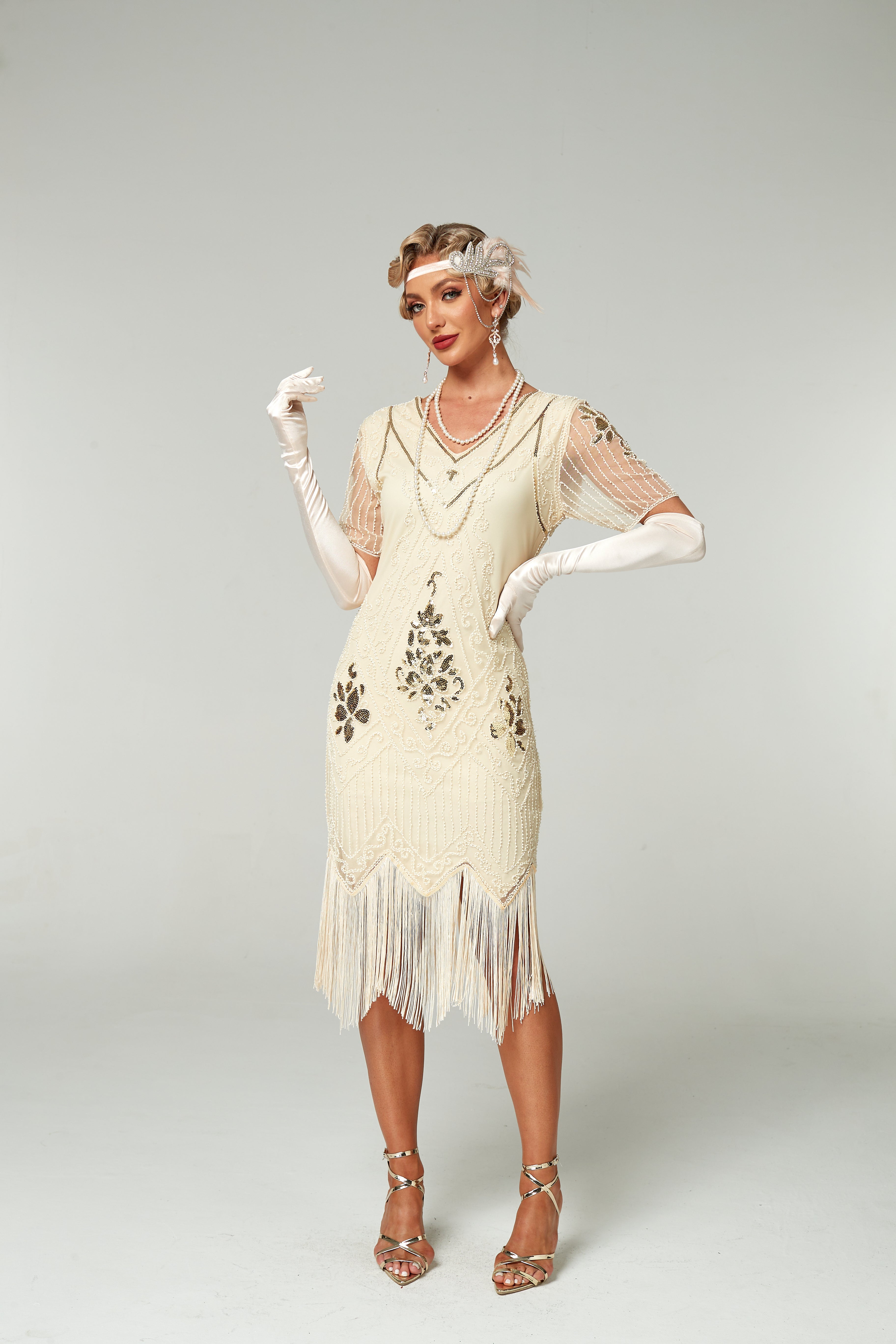 V Neck Sequined Beaded Tassels 1920S Gatsby Dress